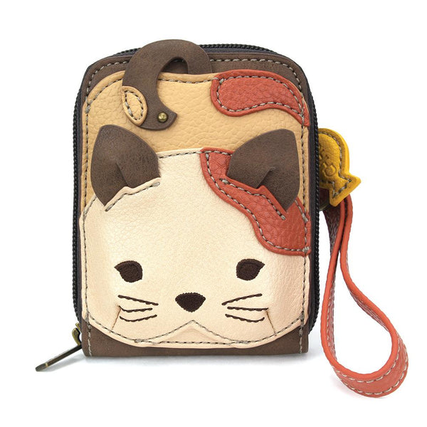 Chala Slim Cat Zip-Around Wristlet Wallet - Cute Cat Lover Gift, Brown Faux Leather, 5" X 6"